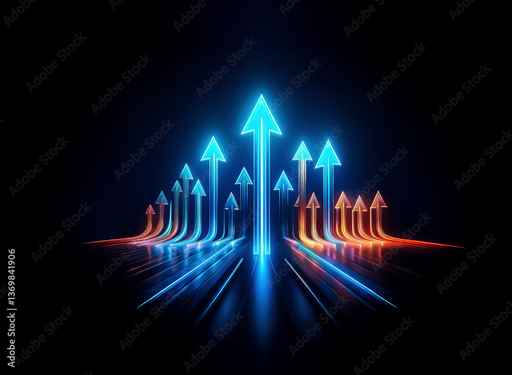 Poster glowing arrows ascend on a dark backdrop. blue and orange lights illuminate the upward path, creatin