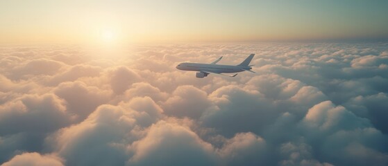 Airplane Flying Above Soft Clouds During Serene Sunrise Moment