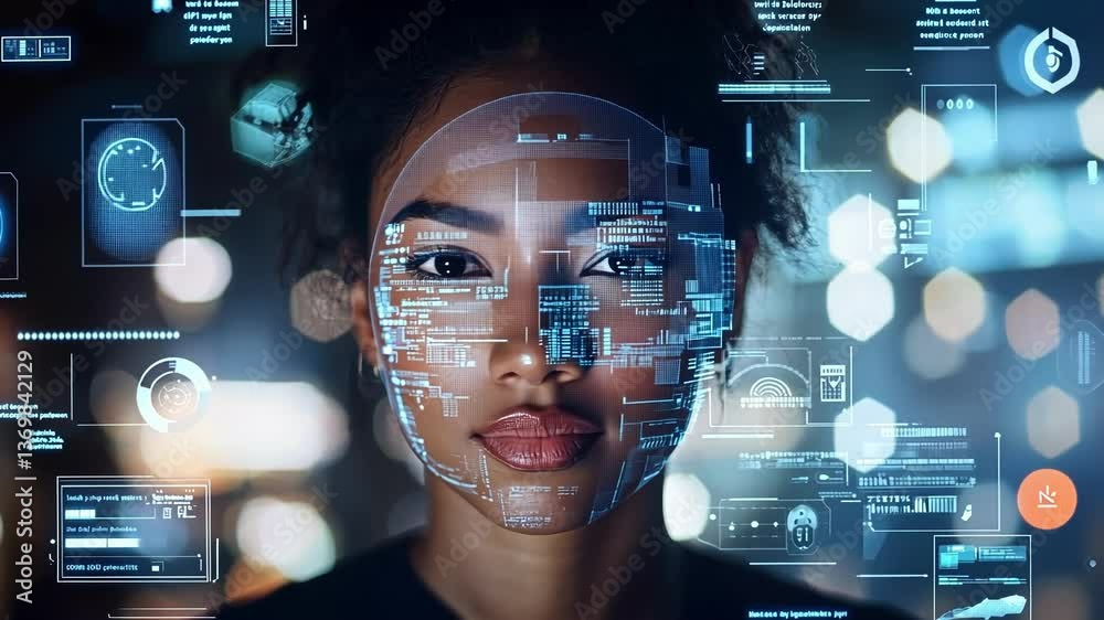 Poster it specialist using augmented reality software to analyze biometric facial recognition data, enhanci