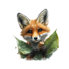 Fototapeta premium Adorable Fox Kit Holding a Nut Amongst Lush Green Leaves in Winter