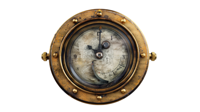 Antique Ship's Clock: A close-up of a vintage clock set in a brass porthole frame, its weathered face and intricate details tell tales of time, adventure, and maritime history. 