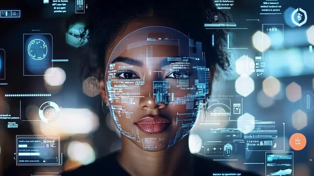 It specialist using augmented reality software to analyze biometric facial recognition data, enhancing cyber security protocols and protecting sensitive information