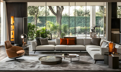 Fototapeta premium Spacious and Bright Scandinavian Living Room with Large Windows and Wooden Floor 3D Render