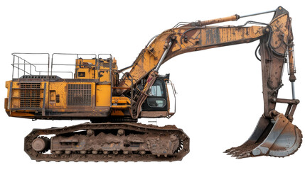 Heavy Machinery Excavator: A robust, powerful excavator in a striking yellow hue, poised against a clean background, suggesting the machine's capacity and design.