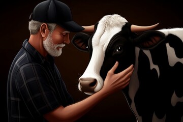 A cartoon cow with a friendly farmer patting its head, showing a close bond between human and animal