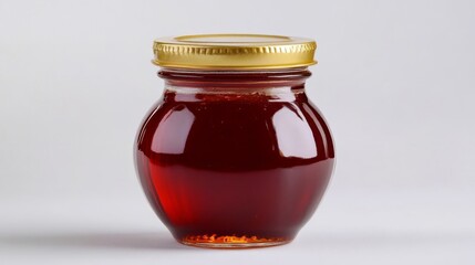 Glass jar filled with red raspberry jam isolated on white background.