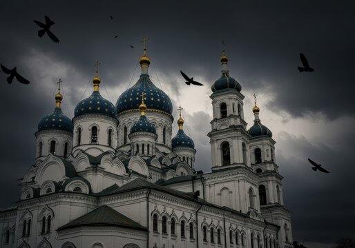 Birds fly over a grand cathedral with blue domes under a threatening, stormy sky.