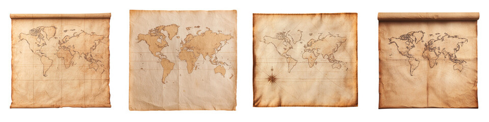 Detailed vintage world map on old weathered parchment paper featuring continents oceans and geographic landmarks