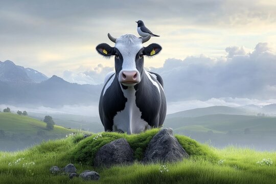 A cartoon cow with a little bird perched on its back, standing in a peaceful countryside setting