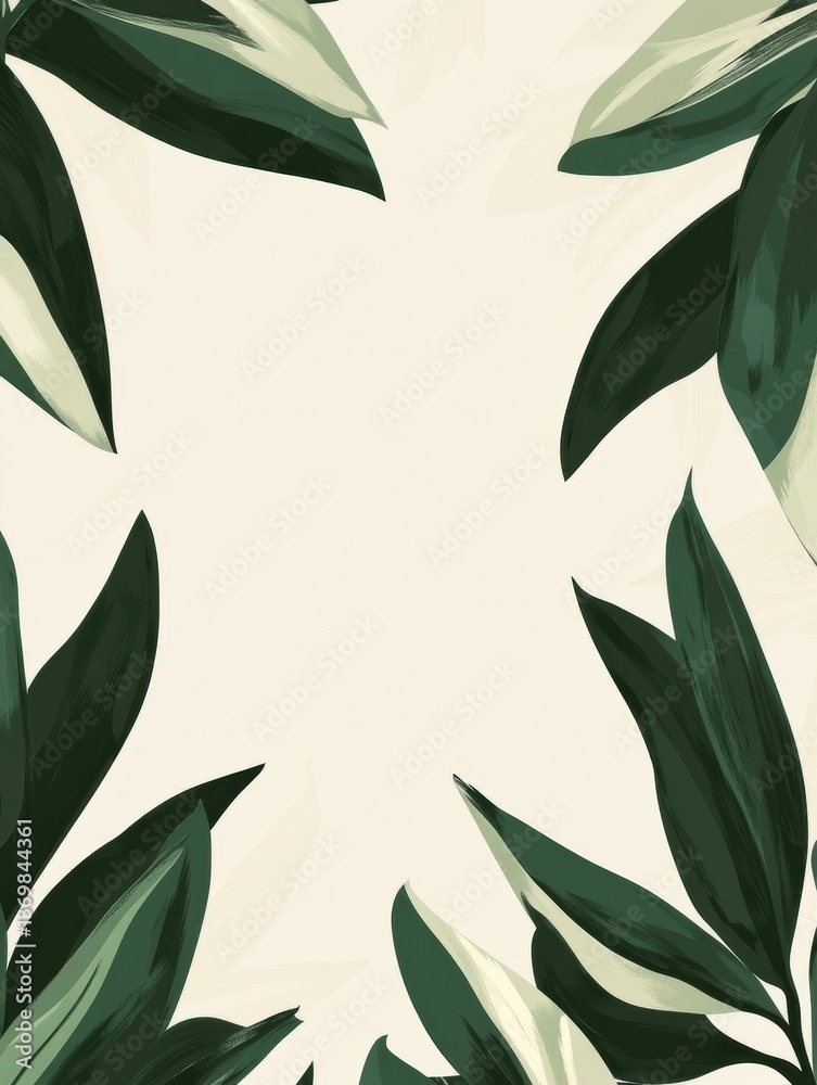 Poster elegant botanical pattern featuring soft green hues and minimalist layout with scattered leaves conv