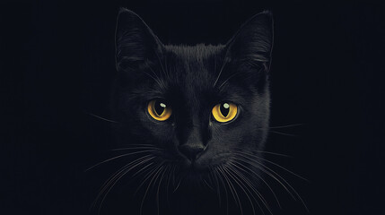 Close-up portrait of a black cat with striking yellow eyes against a dark background.
