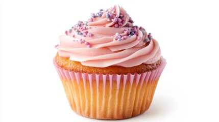 Delicious cupcake with pink frosting and sprinkles on white background.