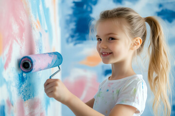 Portrait of a cute little girl painting a wall in room