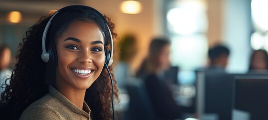 A woman is seated at a computer while wearing a headset on her ears