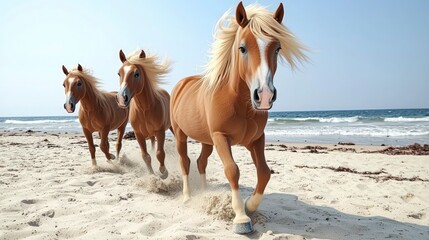 Obraz premium Three Beautiful Chestnut Horses Galloping Freely on a Sandy Beach near Ocean Waves