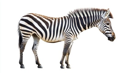 Fototapeta premium Side view of a zebra with detailed stripes on clean white background.