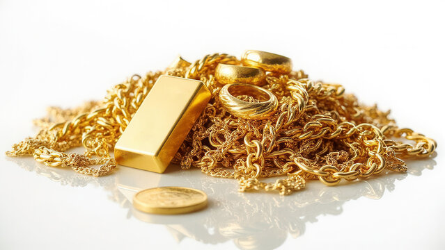 Gold jewelry and shiny fantasy coin and small gold bar over white with soft reflection and copy space