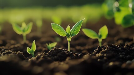 A soybean farm field in early growth stages, with green leaves emerging from rich soil, surrounded by a lush, vibrant farm landscape.


