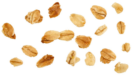 Granola flakes oatmeal isolated on a transparent background. Completely in focus. Full depth of...