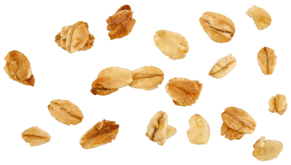Granola flakes oatmeal isolated on a transparent background. Completely in focus. Full depth of field. Top view. PNG.