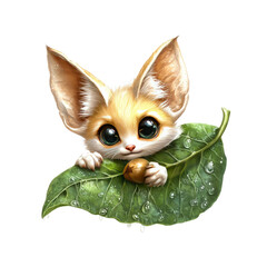 Adorable Fennec Fox Kit Hiding Behind a Dew-Covered Leaf, Holding an Acorn