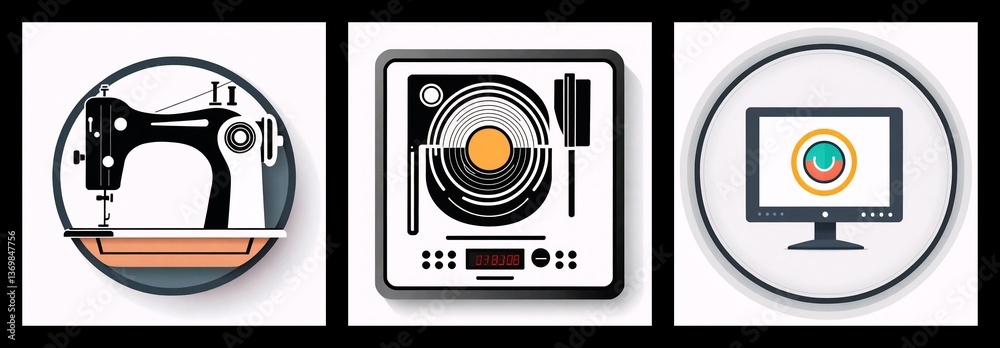 Aufkleber three circular icons depict a sewing machine, a record player, and a desktop computer monitor, each 