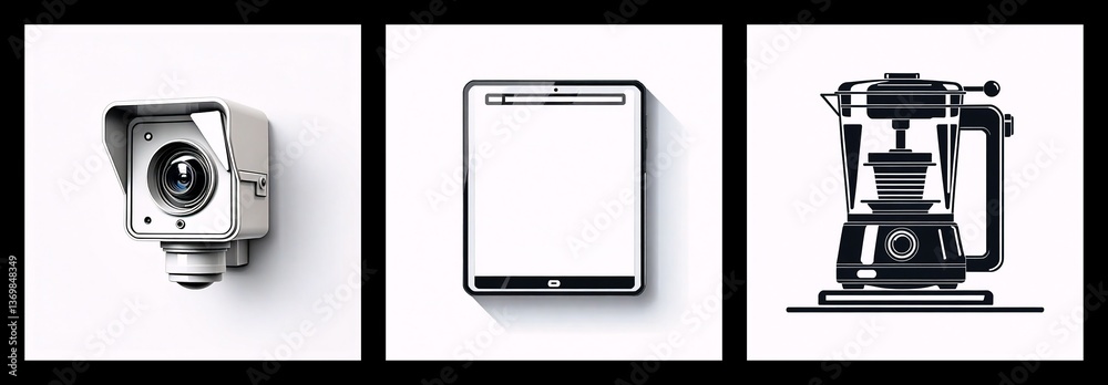Poster three distinct panels show a security camera, a blank tablet device, and a kitchen appliance like a 