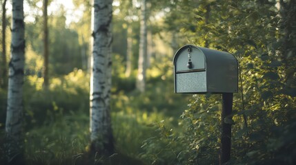 A tall grey mailbox with a polished surface stands before softly blurred birch trees and a green meadow, creating a calm, natural backdrop.

