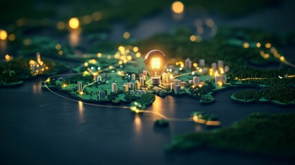 Fototapeta premium Illuminated Cityscape Global Innovation Concept A Bright Lightbulb over a Miniature World Map