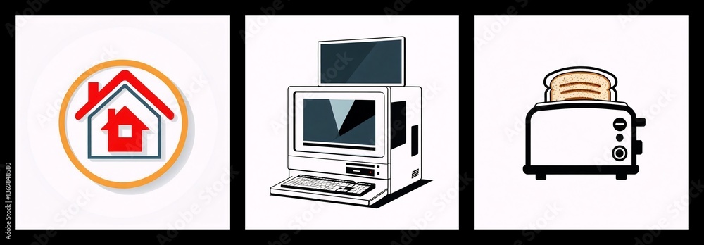 Poster Three panels present a house icon in a circle, a vintage computer with monitor and keyboard, and a toaster with bread.