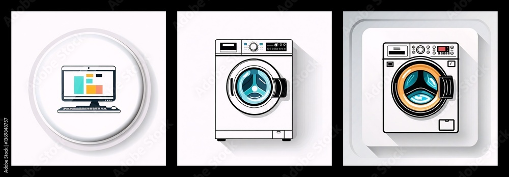 Poster Three squares showcase icons: a computer monitor with charts and two washing machines.  The washers feature front doors and circular windows.