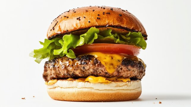 Classic Gourmet Burger: A mouthwatering, close-up shot of a gourmet burger featuring a juicy grilled patty, melted cheese, fresh lettuce, and a slice of ripe tomato, all nestled within a soft.
