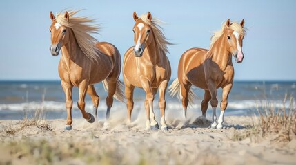 Three Palomino Horses Galloping Freely on a Sunny Beach Majestic steeds running on golden sand near the ocean