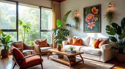 Fototapeta premium Sunlit living room with a white sofa, colorful pillows, and many plants