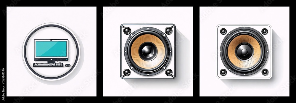 Aufkleber three square icons display a desktop computer setup and two audio speakers with round woofers, all p