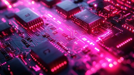 Obraz premium Close-up of a Futuristic Circuit Board Glowing in Pink