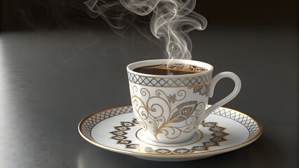 A cup of hot coffee with rising steam is presented on a decorative saucer