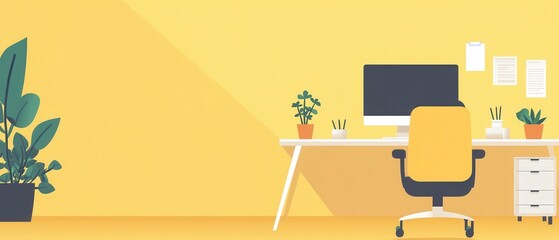 Bright and Modern Home Office Setup with Yellow Accents and Plants