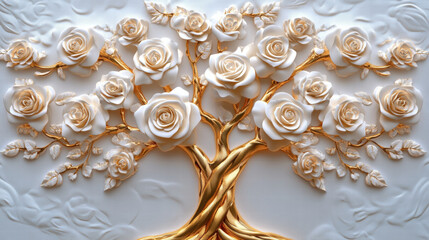 Ornate Gold & White Rose Tree 3D Wall Art Relief