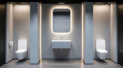 Contemporary restroom showcasing minimalistic design elements with bright lighting fixtures