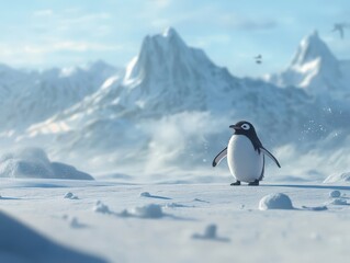 Obraz premium Adorable Penguin Standing on Snowy Landscape with Mountains in Background