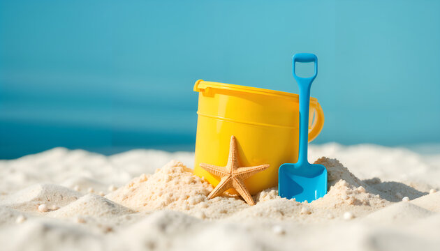 A high-quality still life of beach toys and a starfish on soft sand