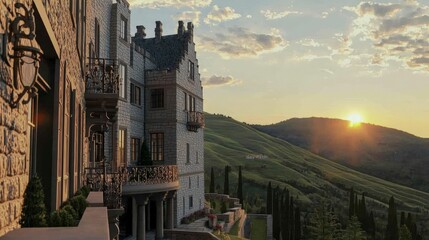 Fototapeta premium Majestic Stone Castle at Sunset Overlooking Rolling Hills Scenic View