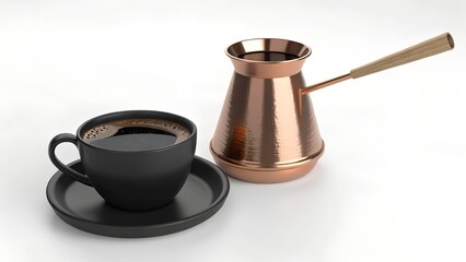 A 3D rendering of a cup of coffee and a copper coffee pot is set against a plain white background