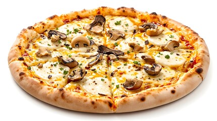 Delicious Mushroom pizza with melted cheese and fresh mushroom slices isolated on white background, perfect for food photography and culinary websites