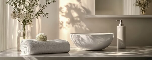 Experience a minimalist, zen-inspired bathroom. Enjoy the serenity with light, a clean sink, fluffy towels, fragrant soap, and a spa-like atmosphere.