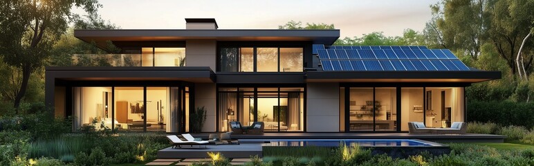 Modern house with blue solar panels on the roof, illuminated by warm sunset light, surrounded by blurred greenery, creating a serene and sustainable atmosphere.