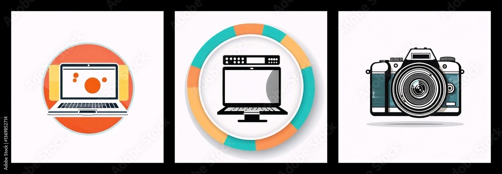 Aufkleber Three icons showcase digital devices: a laptop with an orange backdrop, a desktop computer encircled by a frame, and a professional DSLR camera.