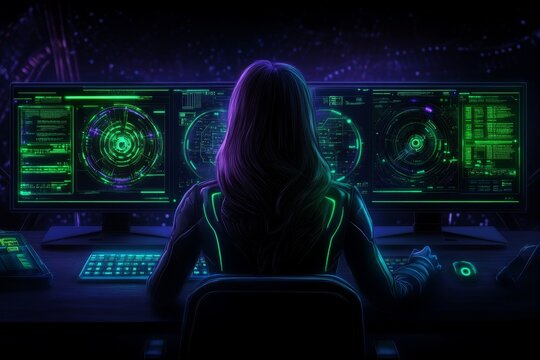 A cyberpunk office filled with neon-lit digital screens, showing complex time-tracking data
