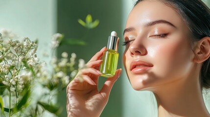 Fototapeta premium Woman Applying Green Tea Extract Serum with Natural Background